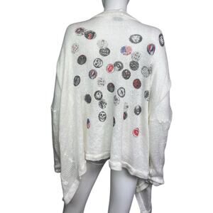 Lauren Moshi Women's M/L White Knit Graphic Band Patches Open Cardigan EUC